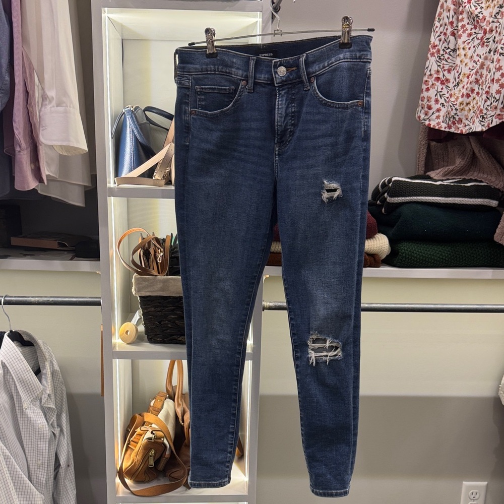 Express Dark Blue Distressed Skinny Jeans